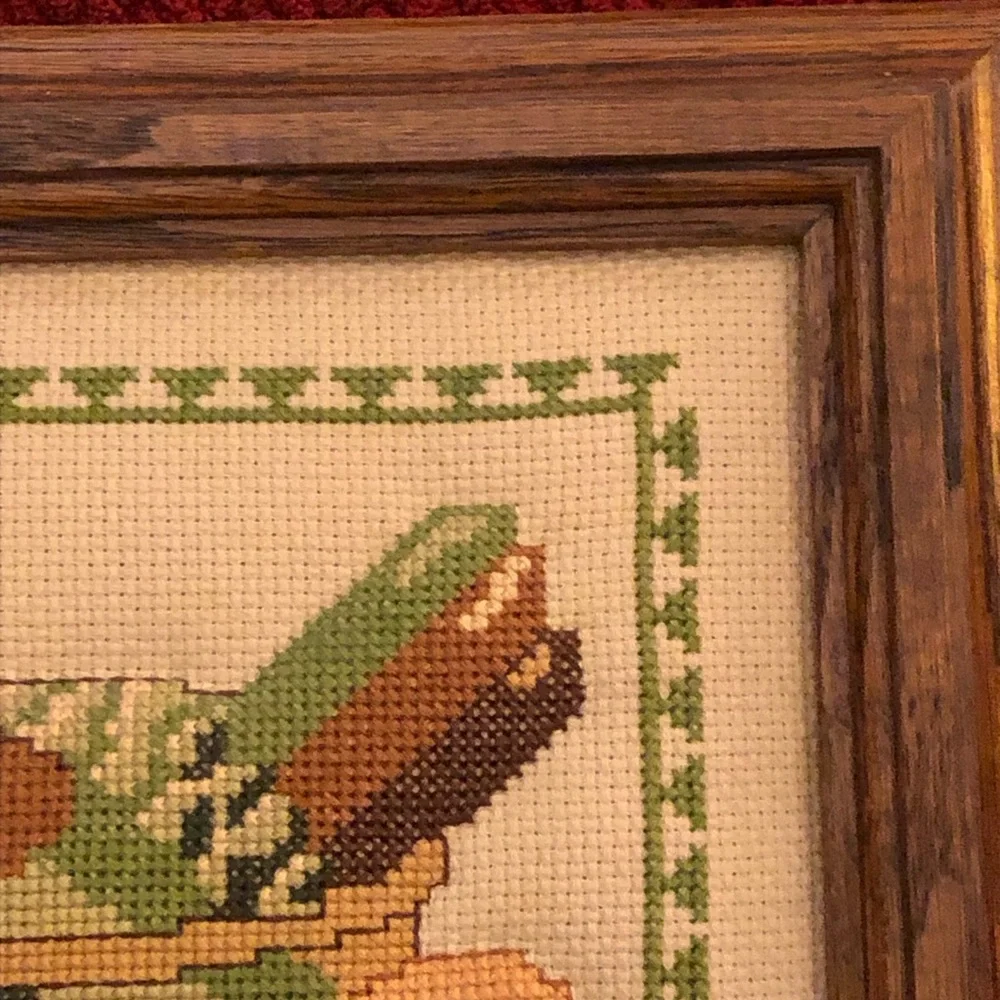 Framed Vintage  Cross-Stitch Nesting Hen with Eggs Rustic Farmhouse Whimsical - Picture 3 of 12